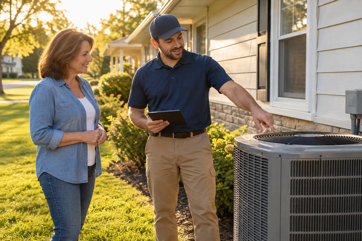 Friendly homeowner talking with an HVAC provider beside an outdoor AC unit at a house in Hamel