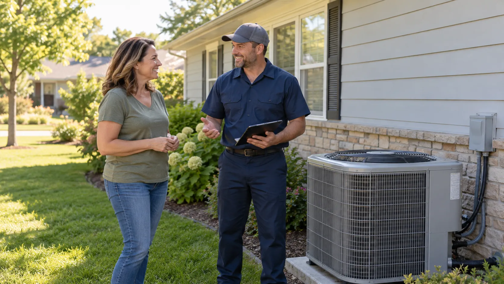 A homeowner talking with an HVAC provider beside an outdoor AC unit in Hamel